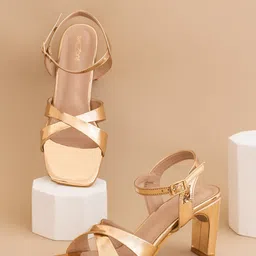 Shezone Women Rose Gold Block Sandals with Buckles-4