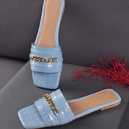 Truffle Collection Textured Embellished Open Toe Flats-1