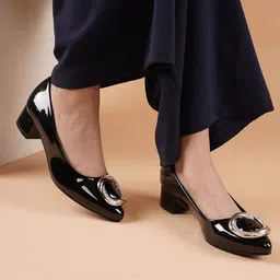 DressBerry Black & Gold Toned Embellished Pointed Toe Block Pumps-20