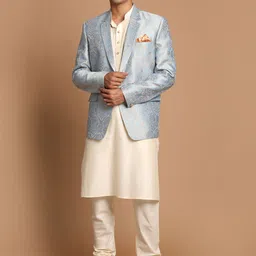 VASTRAMAY Men Cream-Coloured Angrakha Kurta and Churidar with Jacket image 1