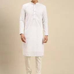 Sanwara Men Off White Embroidered Angrakha Kurta with Pyjamas-picture-19