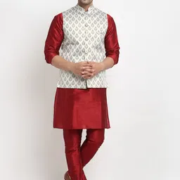 Kaifoo Men Beige Kurta with Churidar & Nehru Jacket-18