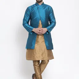 Kaifoo Men Copper-Toned & Teal Blue Solid Silk Blend Kurta Set-70