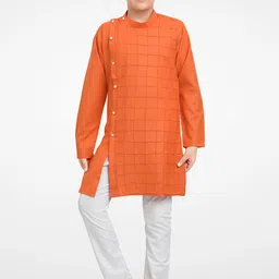 Jeetethnics Boys Orange & White Self Design Angrakha Cotton Blend Kurta Set-3