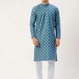 Jompers Men Teal Ethnic Motifs Printed Kurta with Churidar-picture-15
