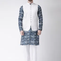 Hangup Men Mandarin Collar Printed Kurta with Pyjamas & Nehru Jacket-picture-7