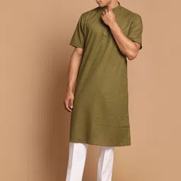 VASTRAMAY Men Olive Green & White Kurta with Pyjamas-image-97