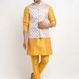 Kaifoo Men Beige Kurta with Churidar & Nehru Jacket-14