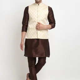 Kaifoo Men Brown Solid Kurta With Churidar & Nehru Jacket-70