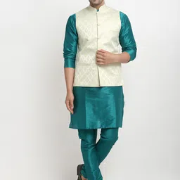 Kaifoo Men Green Solid Kurta With Churidar & Nehru Jacket-68