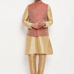VASTRAMAY Mandarin Collar Straight Kurta with Pyjamas & Nehru Jacket-image-50