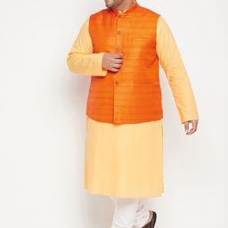 VASTRAMAY Men Yellow & Orange Woven Designed Straight Kurta with Churidar & Jacket-picture-55