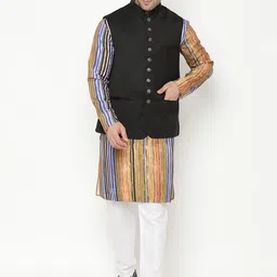 Hangup Men Brown Striped Kurta with Pyjamas & Nehru Jacket-picture-48