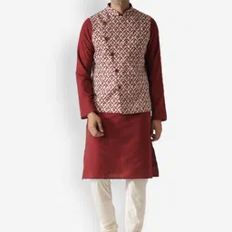 KISAH Men White & Red Floral Printed Kurta with Churidar & Jacket-47