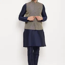 VASTRAMAY Mandarin Collar Straight Kurta with Pyjamas & Nehru Jacket-image-80