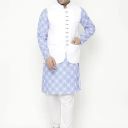 Hangup Men Blue Printed Kurta with Pyjamas & Nehru Jacket-picture-5
