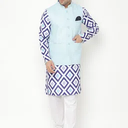 Hangup Men Blue Printed Kurta with Pyjamas & Nehru Jacket-picture-45
