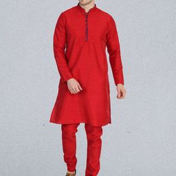 TAHVO Men Red Solid Dupion Silk Kurta with Pyjamas-image-16