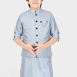 CAVIO Boys Blue Floral Embroidered Layered Kurta with Pyjamas-picture-19