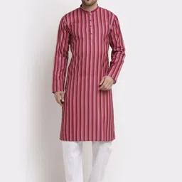 KRAFT INDIA Men Pink & White Striped Pure Cotton Kurta with Pyjama-image-24
