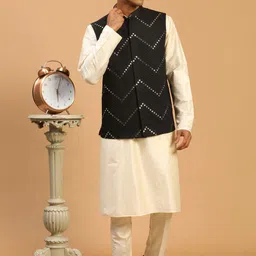 VASTRAMAY Mandarin Collar Mirror Work Straight Kurta with Churidar & Nehru Jacket-image-93