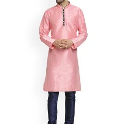 Kaifoo Men Pink & Navy Blue Solid Silk Blend Kurta Set-11