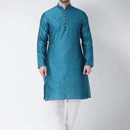 SG LEMAN Men Turquoise Blue Raw Silk Kurta with Churidar-image-29
