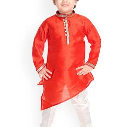 BAESD Boys Band Collar Asymmetric Dupion Silk Straight Kurta with Pyjamas-picture-0