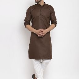 Kaifoo Men Brown Solid Mandarin Neck Straight Kurta with Churidar-32