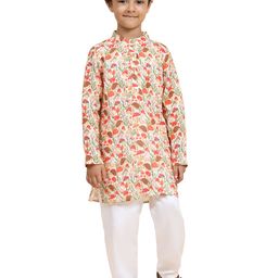 BAESD Boys Band Collar Long Sleeves Floral Printed Regular Linen Kurta with Pyjamas-11