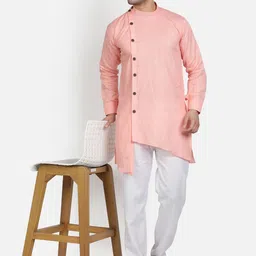 Armaan Ethnic Men Pink & White Pure Cotton Asymmetric Kurta with Trousers-image-3