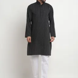 Arrabi Striped Mandarin Collar Regular Pure Cotton Kurta with Pyjamas-picture-24