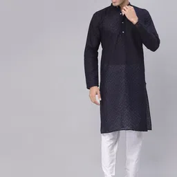 NEUDIS Men Navy Blue Chikankari Pure Cotton Kurta with Churidar-picture-47