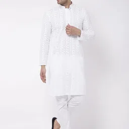 VASTRAMAY Men White Chikankari Pure Cotton Kurta with Churidar-picture-34