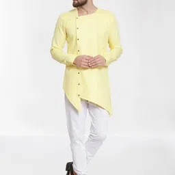 RG DESIGNERS Men Yellow Angrakha Pure Cotton Kurta with Pyjamas-image-88