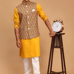 VASTRAMAY Men Solid Straight Kurta with Churidar & With Printed Nehru Jacket-1