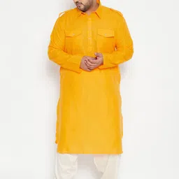 VASTRAMAY Men Plus Size Mustard Yellow & Cream Pathani Kurta with Pyjamas-8