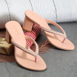 DressBerry Peach-Coloured Embellished Open Toe Block Heels-7