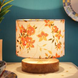 Devansh White & Orange Floral Print Cotton Shade Table Lamp With Wood Base-47