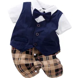 StyleCast Infant Boys Navy Blue Checked Cotton Rompers With Bow-8
