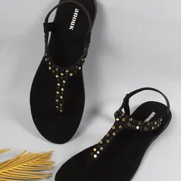 Anouk Black & Gold-Toned Embellished T-Strap Flats-34