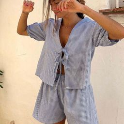 LULU & SKY Checked Puff Sleeves Top & Shorts-image-74