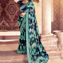 Saree mall Navy Blue Geometric Printed Zari Pure Georgette Sarees-picture-19