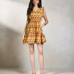 Virgio Printed Flutter Sleeves Fit & Flare Cotton Dress-picture-15