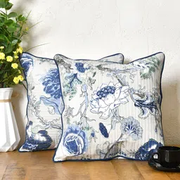 Clasiko Grey & Blue 2 Pcs Floral Square Cushion Covers-56