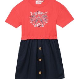 UNDER FOURTEEN ONLY Peach-Coloured & Navy Blue Cotton Floral Dress-image-27