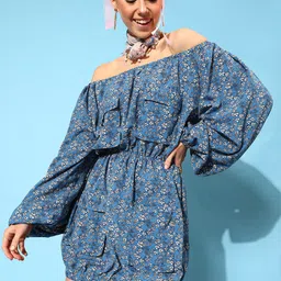 STREET 9 Blue Floral Off-Shoulder Crepe Blouson Mini Dress-image-38