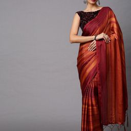 Mitera Rust & Brown Striped Woven Design Leheriya Saree-image-102