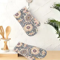 Texstylers Beige & Blue 2 Pieces Printed Cotton Padded Oven Gloves-29