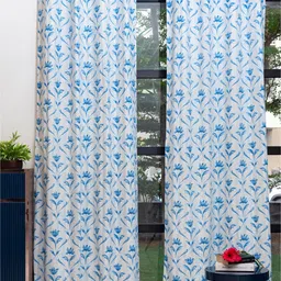 URBAN SPACE White & Blue 2 Pieces Floral Printed Window Curtains-78